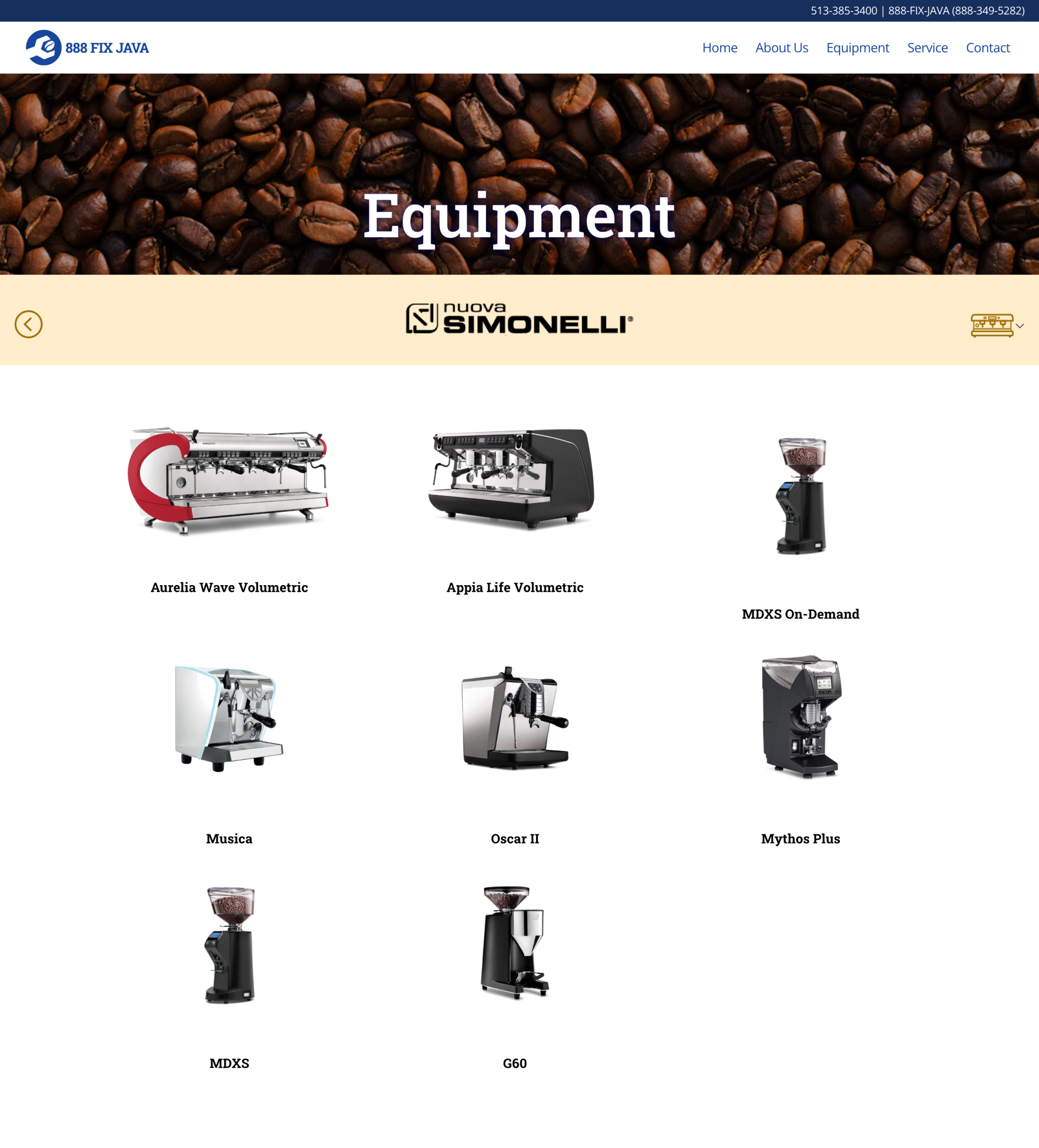 Nuova Simonelli brand page with the full machine lineup