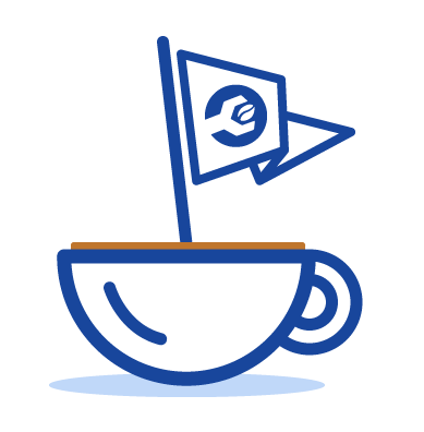 Line illustration of a coffee cup flying a flag with the 888 Fix Java wrench logo