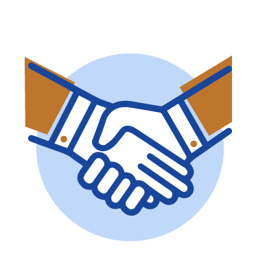 Line illustration of a handshake in navy and copper