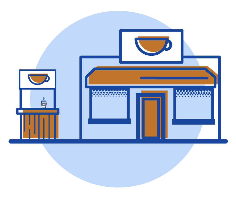 Line illustration of a cafe storefront and coffee kiosk in navy and copper