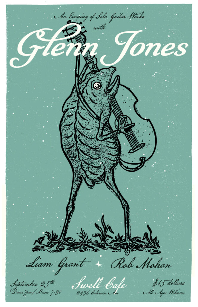 Sage green poster with an engraved bird-like creature holding a horn, for Glenn Jones with Liam Grant and Rob Mohan at Swell Cafe