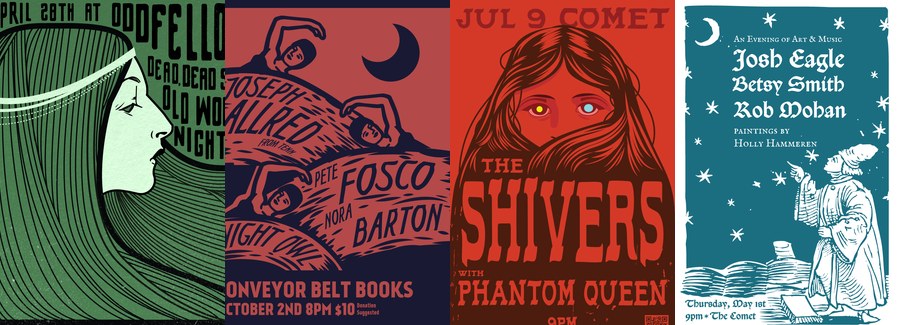 Four show posters side by side: a green profile, a navy and salmon woodcut, a red illustrated face, and a teal night sky