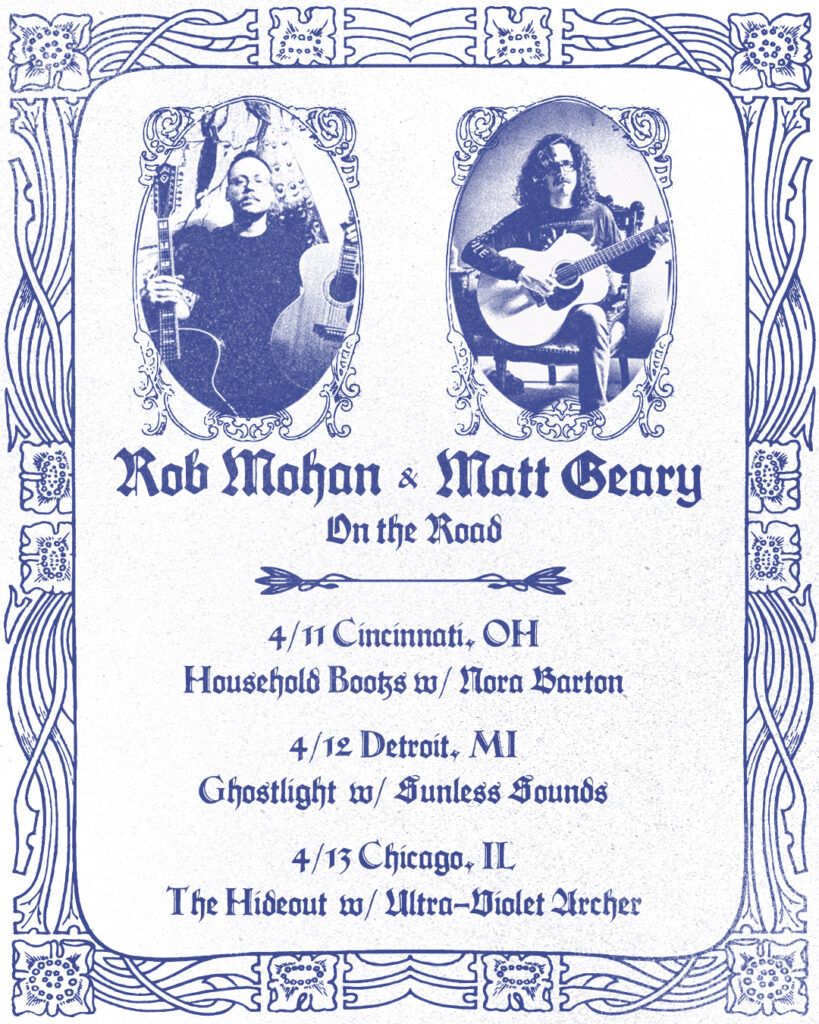 Blue engraved poster with two portrait panels and an ornate border, for Rob Mohan and Matt Geary on tour through Cincinnati, Detroit and Chicago